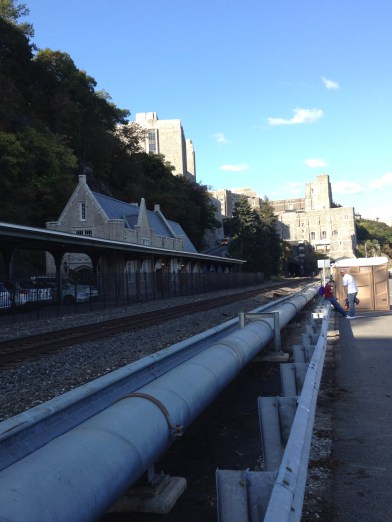 The train station on campus with some of the incredible fortress-like buildings in view. 